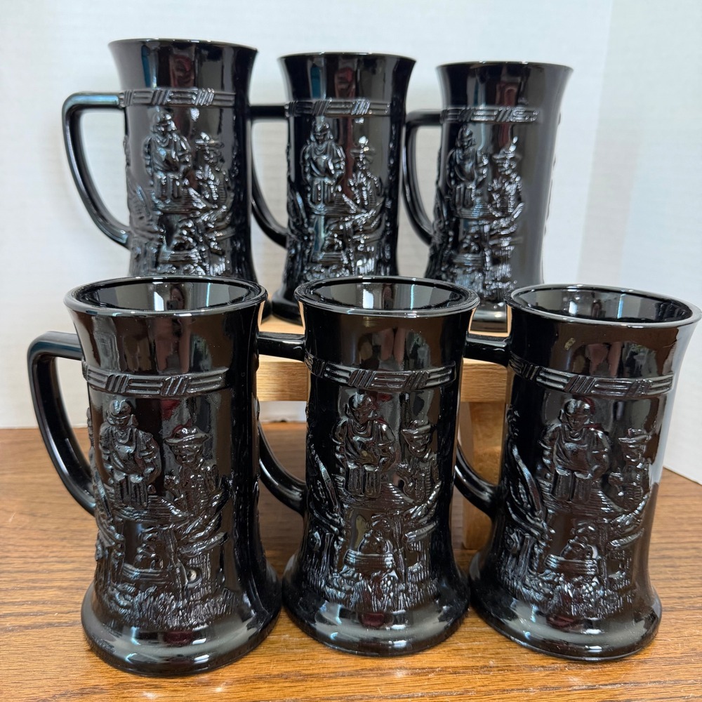 Tiara Black Amethyst Glass Tavern Beer Mugs Set of 6 Barware Gothic
